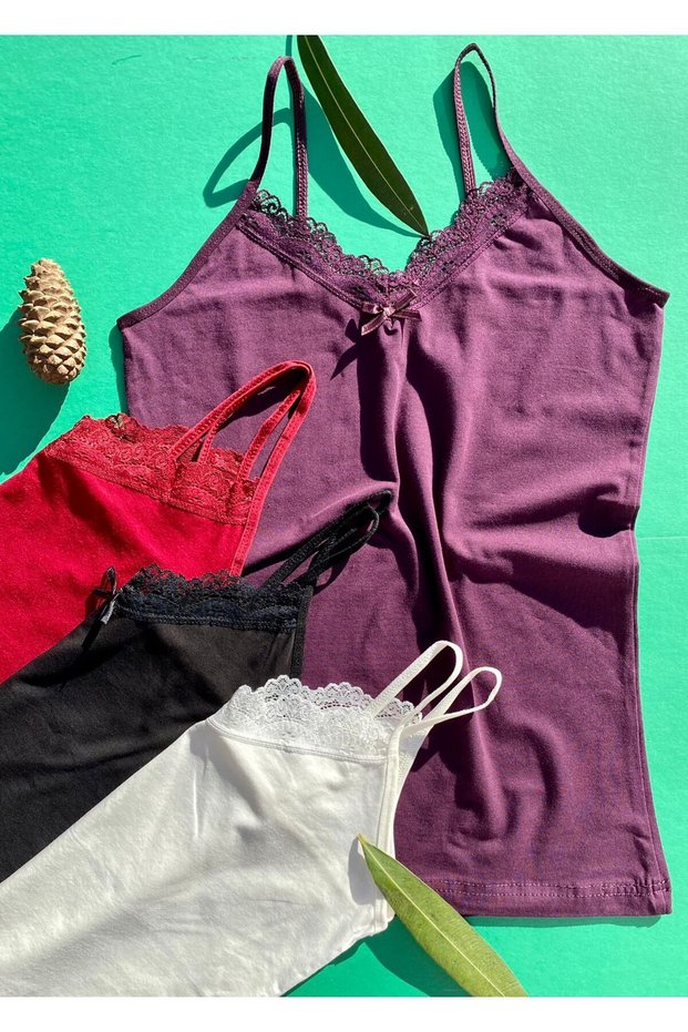 Cotton 4-Piece String Strap Burgundy, Ecru, Purple and Black Color Lace Women's Athlete 60F37