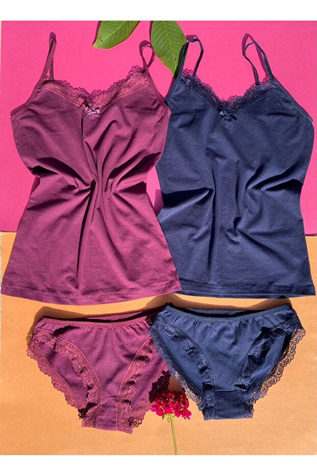 2 Pieces of Plum and Navy Blue Bow Lace Detailed Rope Strap Cotton Undershirt-panties (SET)