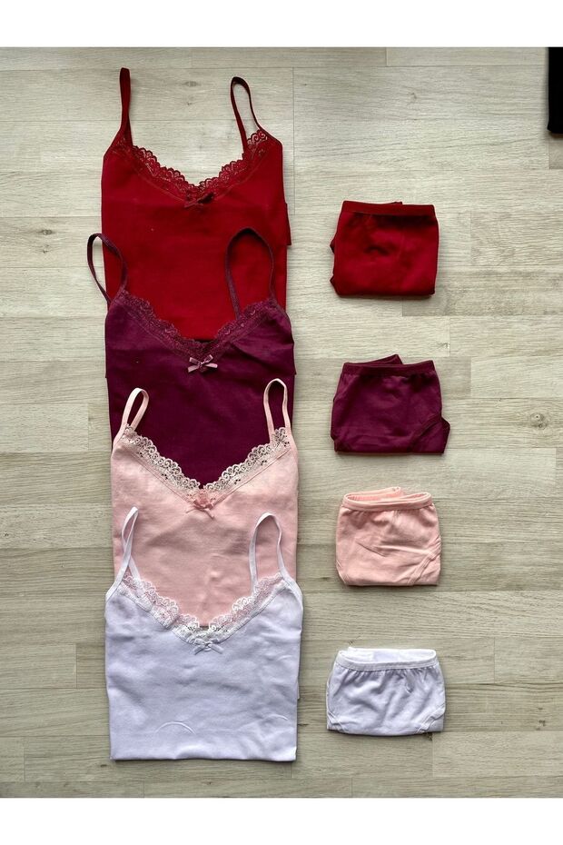 4 Pieces of White, Pink, Burgundy and Plum Colored Rope Suspenders with Bow and Lace Panties, Undershirt with Gift