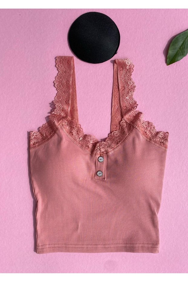 Lacy Strap-Ribana, Cotton 1 Piece Dried Rose Pad Button Detailed Corded Women's Athlete-Blouse 64V34