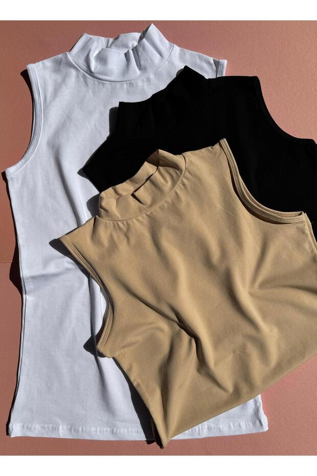 Sleeveless 3-Piece Black, Tan and White Color Turtleneck High-Neck Soft Textured Lycra Blouse Undershirt
