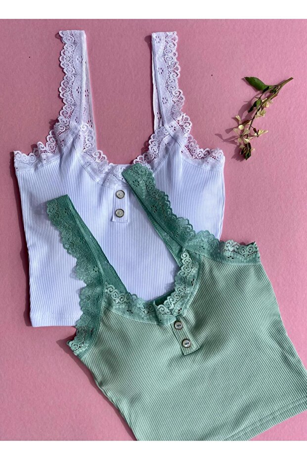 Padded, Button Detailed Lace Strap-Cotton 2-Piece Green and White Corded Women's Undershirt 64V34