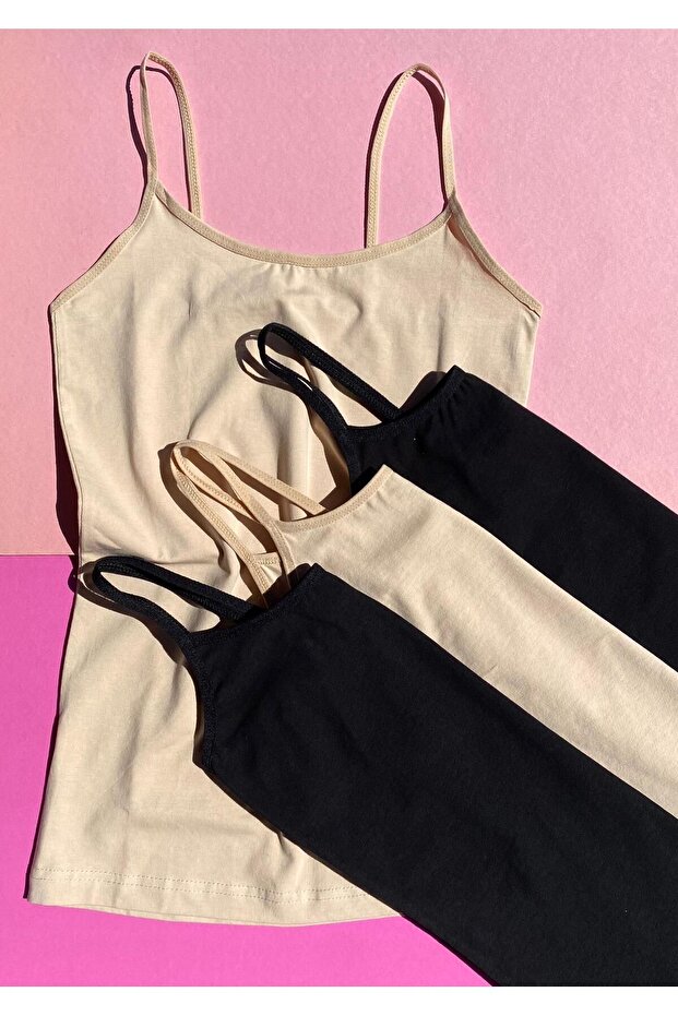 Basic Women's Undershirt with Rope Straps, Pack of 4, Black and Skin Color Cotton Rope Straps