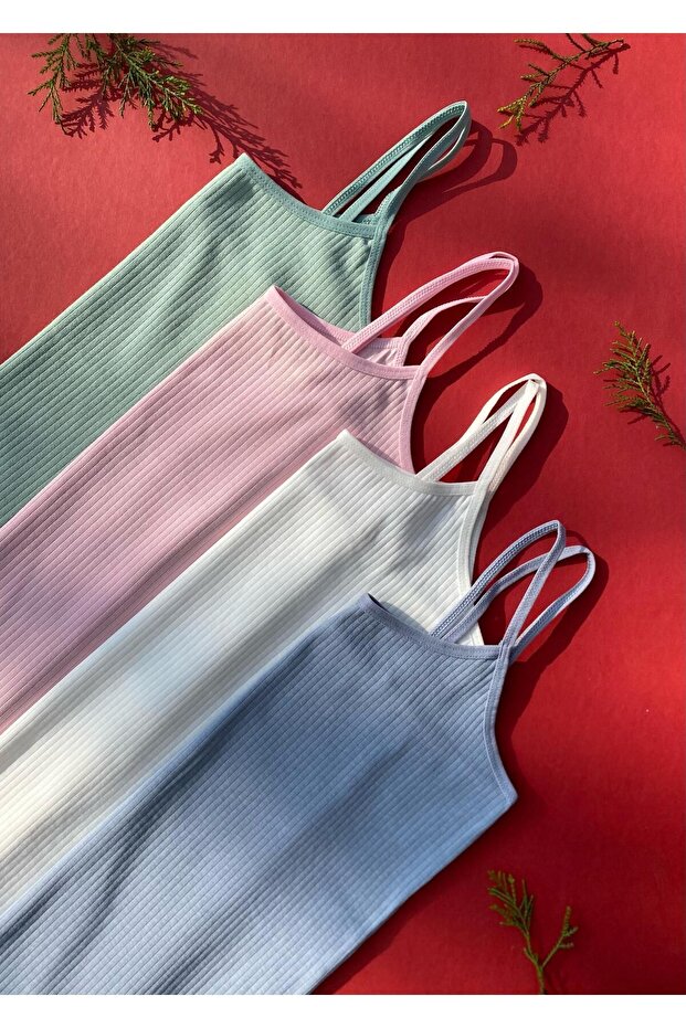 Cotton 4-Piece String Strap Green, Light Blue, Pink and Ecru Report Ribbed Women's Tank Top