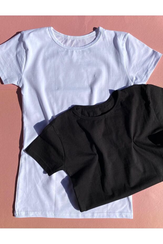 Short Sleeve 2 Pieces Black and White Color Crew Neck Soft Textured Lycra Blouse-Tshirt