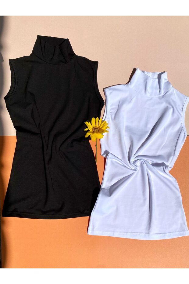 Turtleneck 2-Piece Black and White Color Sleeveless Cotton T-shirt-Athlete