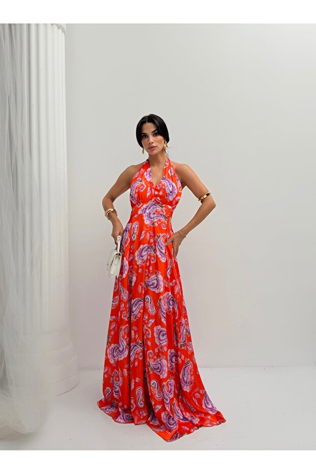 Women's Shawl Patterned Halter Neck Satin Dress