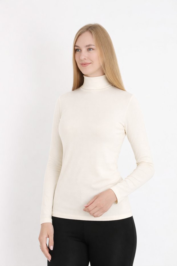 Women's Ecru Long Sleeve Turtleneck Basic Body Badi Slim Fit Lycra Flexible Viscose Daily Blouse