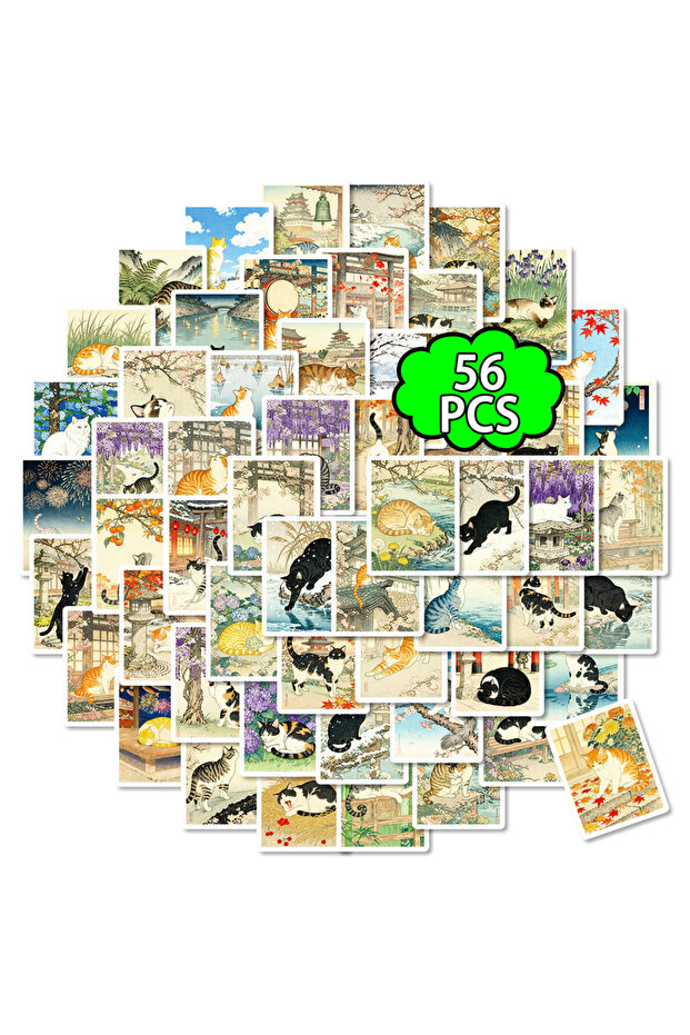 56pcs 56/112 Pcs Japanese Retro Hand Drawn Cat Theme Stickers for Stationery Box Notebook Phone Lapt