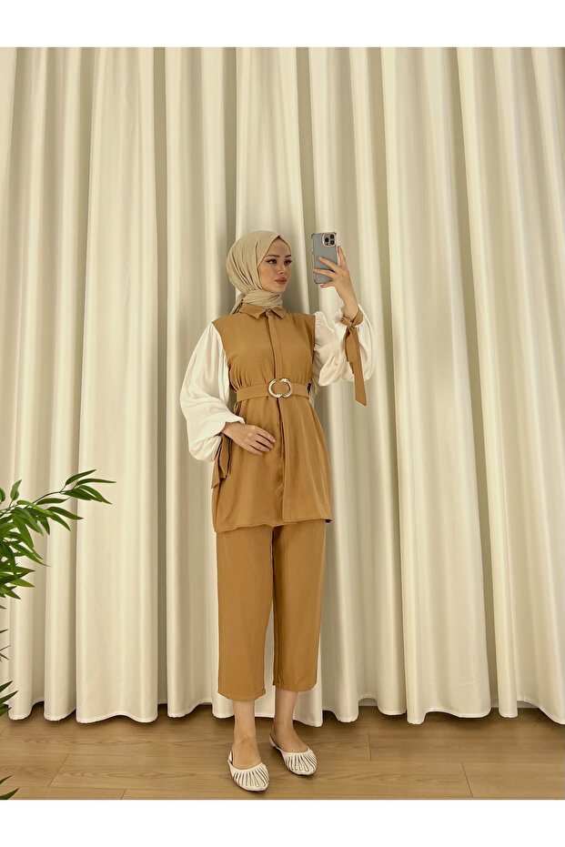 Belted Hijab Double Set Tan