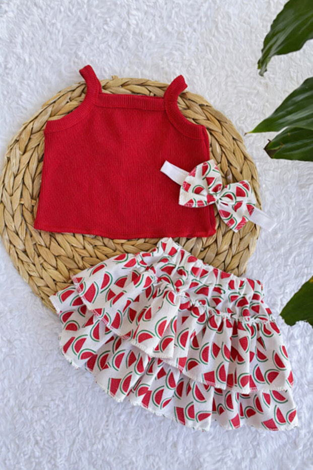 AKİF GİYİM KIZ BEBEK & ÇOCUK MEYVE DESENLİ KARPUZLU FIRFIRLI ETEK CROP BANDANA TAKIMI