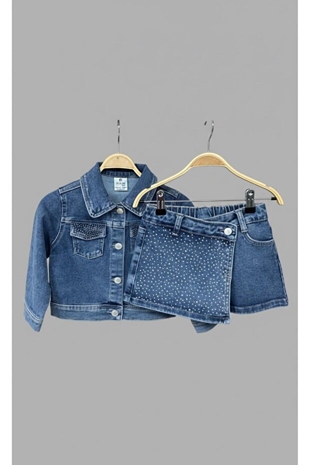 Girl's Stone Detailed Denim Jacket Shorts Set