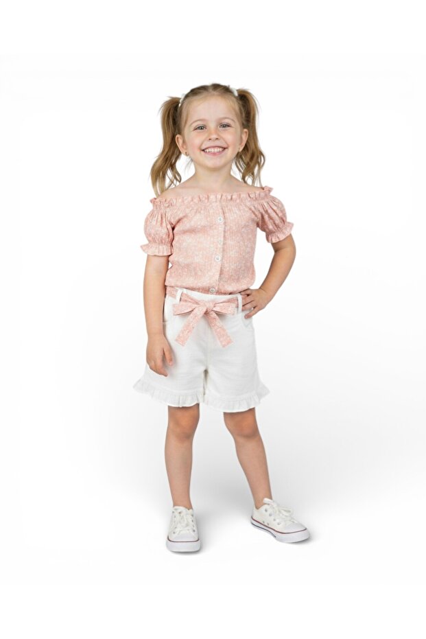 Girl's Summer 2-3-4-5-6 Years Old Stylish 2-Piece Set with Ribbed Top and Belted Shorts