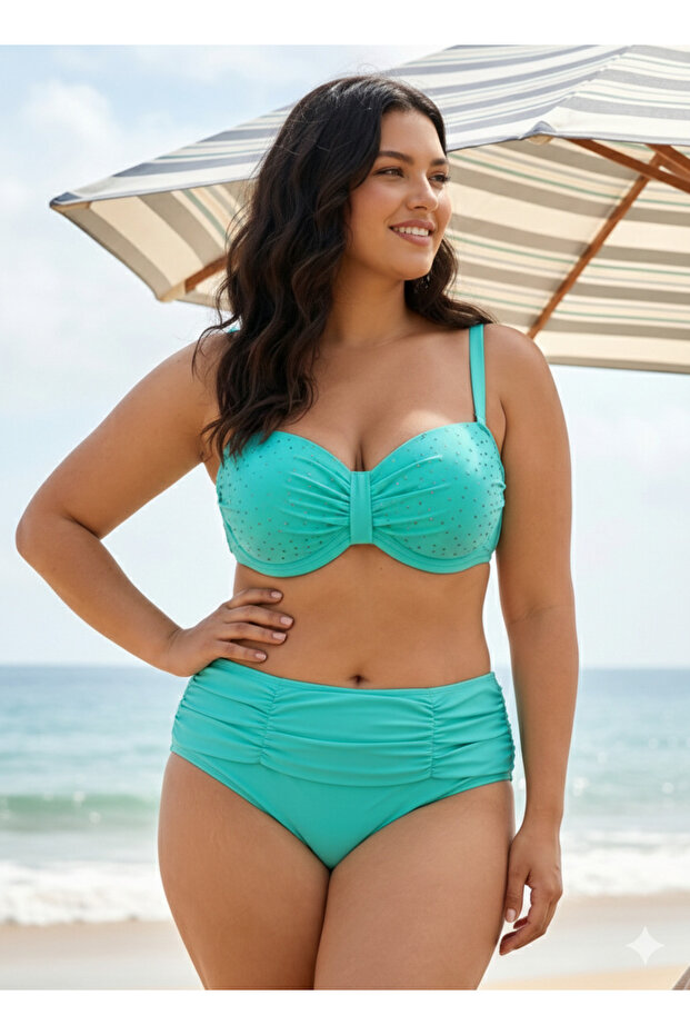 Women's Turquoise Stone Embroidered Lined Large Size Bikini Set Hzl25S-Lc01