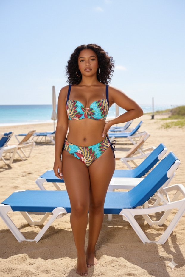 Women's Navy Blue Multi-Colored High Waist Gathering Plus Size Bikini Set Hzl24S-Lc7015