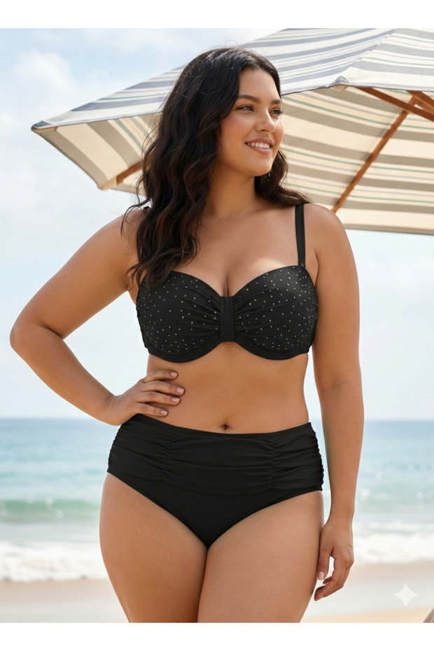 Women's Black Stone Embroidered Lined Large Size Bikini Set Hzl25S-Lc01