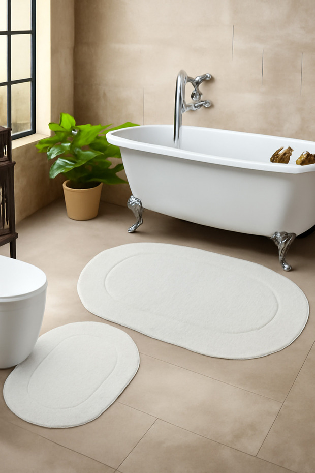 Orlina 2-Piece Cream Bath Mat Set, Carpet, Washable Toilet Mat Set with Non-Slip Leather Base