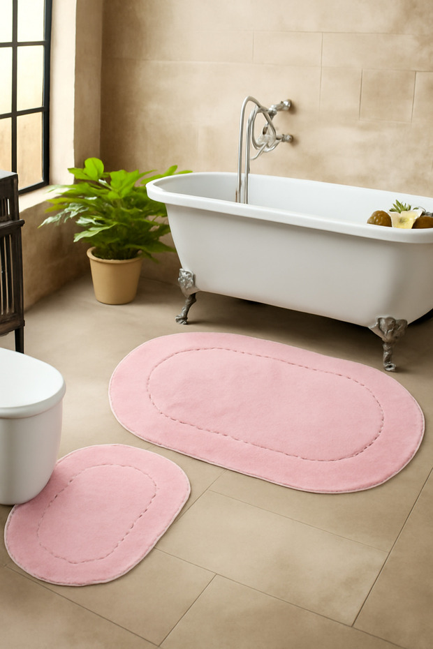 Orlina 2-Piece Powder Bath Mat Set, Carpet, Washable Toilet Seat Set with Non-Slip Leather Base