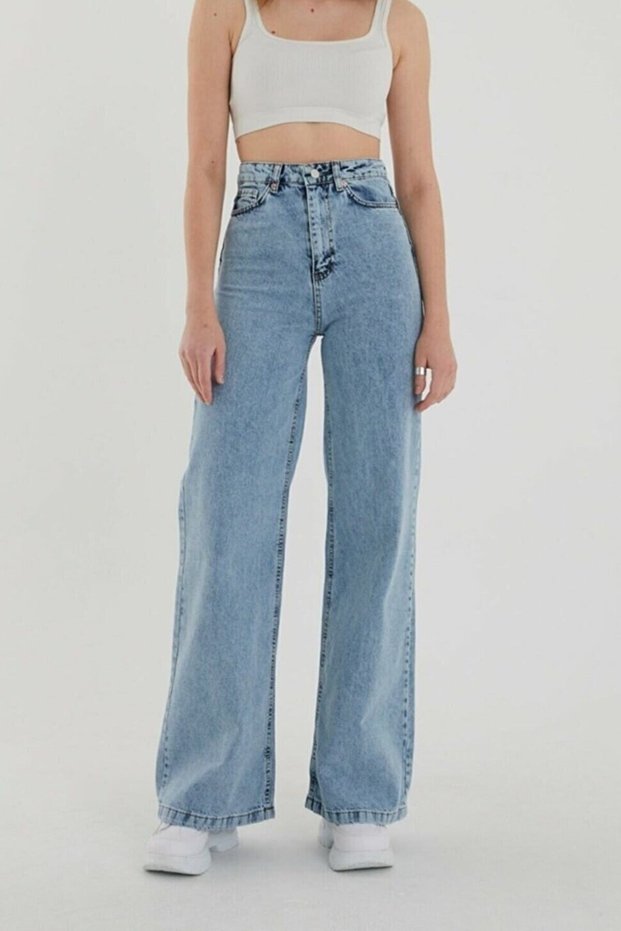 90's Toweer Snow Wash Blue Lycra Super High Waist Loose Jeans Palazzo Trousers