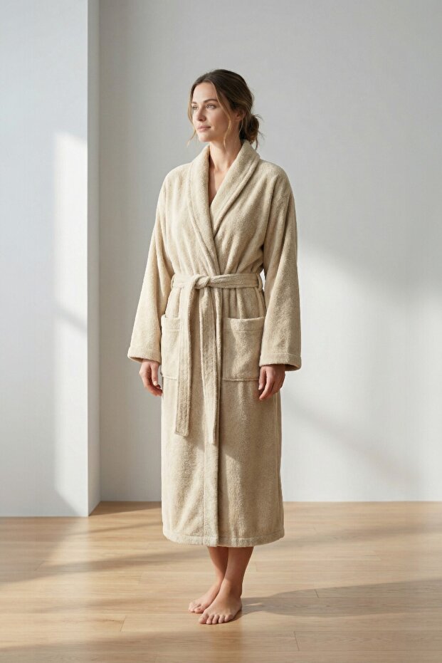 Şalyaka Bathrobe Beige 100% Cotton Unisex Ideal for Spa Women/Men