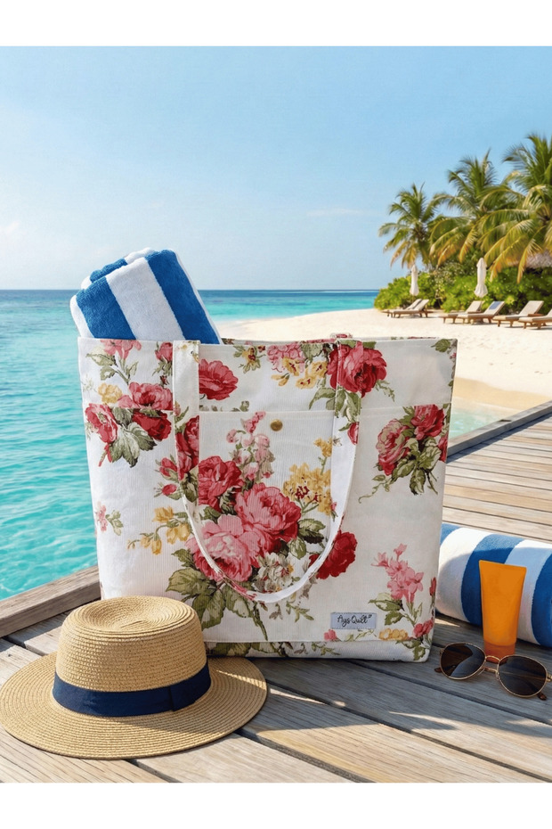 حقيبة شاطئ بجيب منقوشة بالزهور - 1