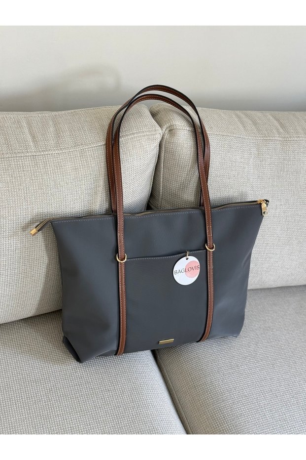 Askilari Large Gray Women's Shoulder Bag with Ring Detail En42 Boy32