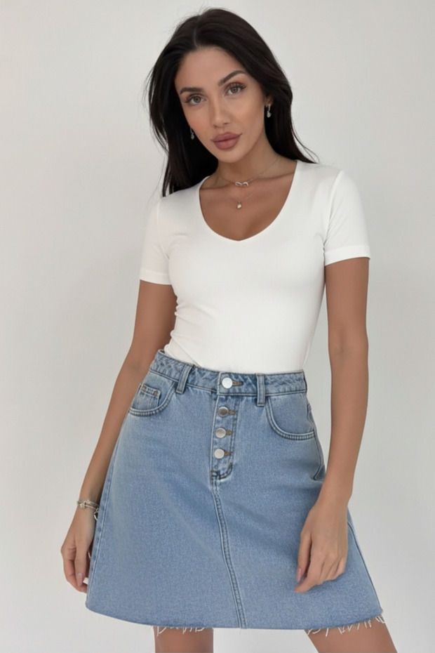 Kadın Beyaz Basic V Yaka Tişört - 3