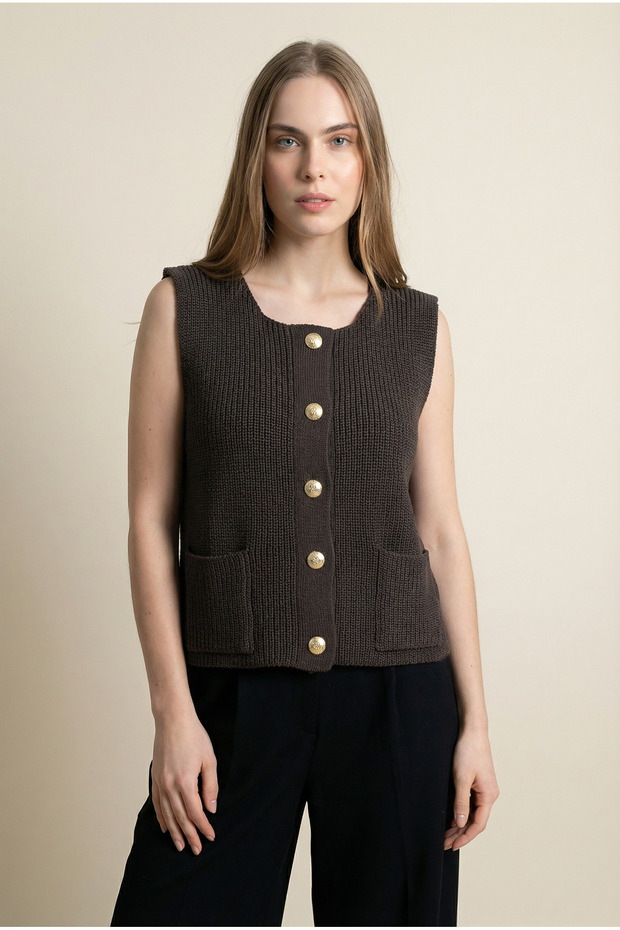 Gold Buttoned Women's Knit Vest - 100% Cotton