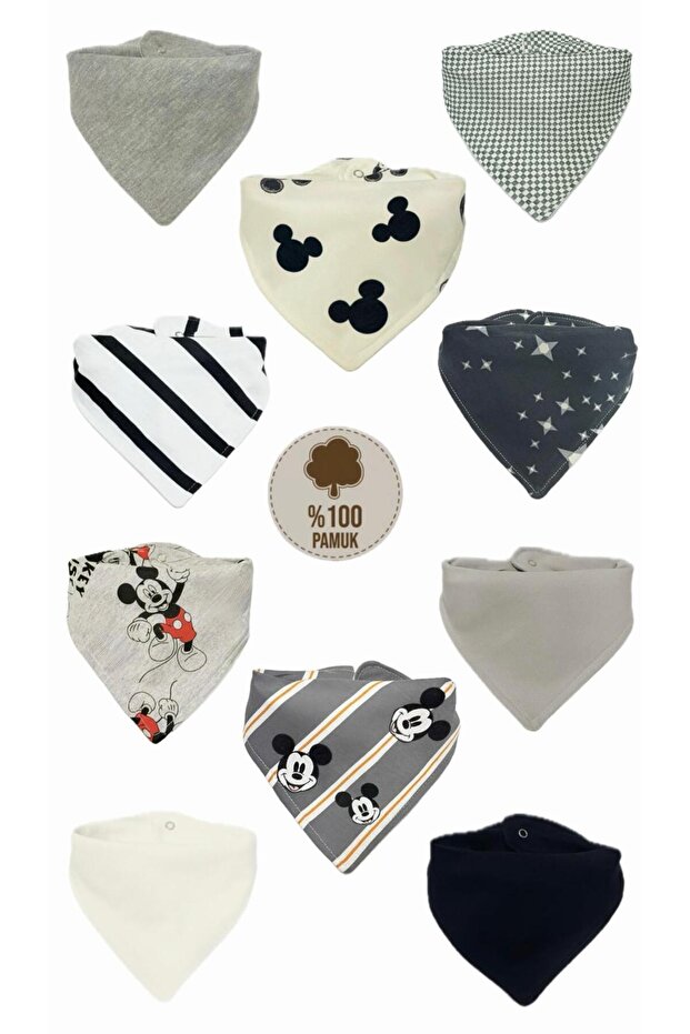 Lumos Trade Unisex Bebek %100 Pamuk Siyah Beyaz Tonlar Çift Katlı Fular Mama Önlüğü - Salya Önlüğü 10 Adet