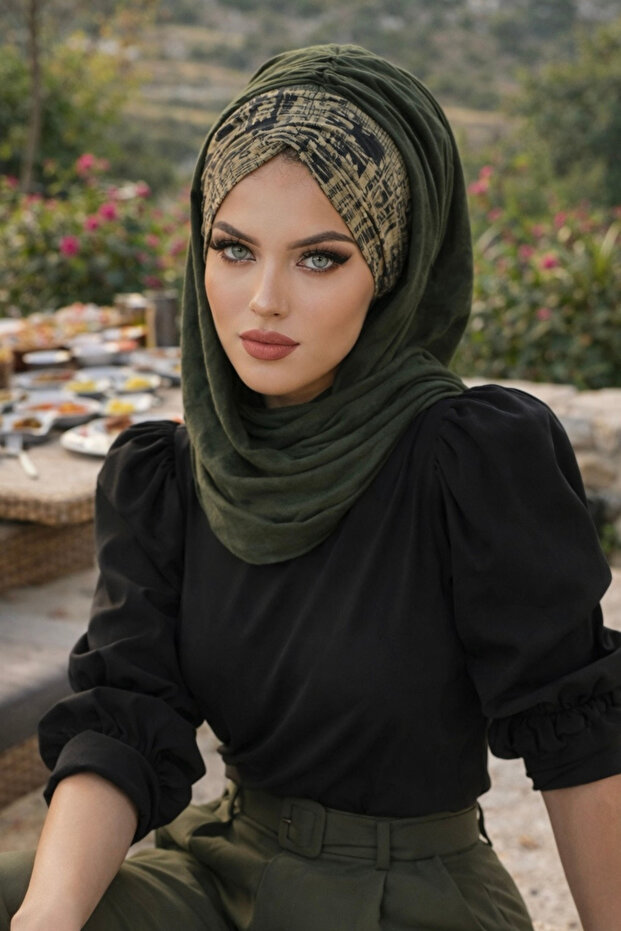 شال جاهز بنمط نص كاكي - 2