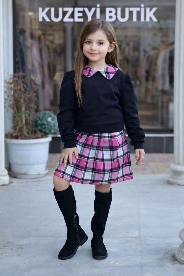 Girl's Festive Plaid Detailed Combination with Skirt