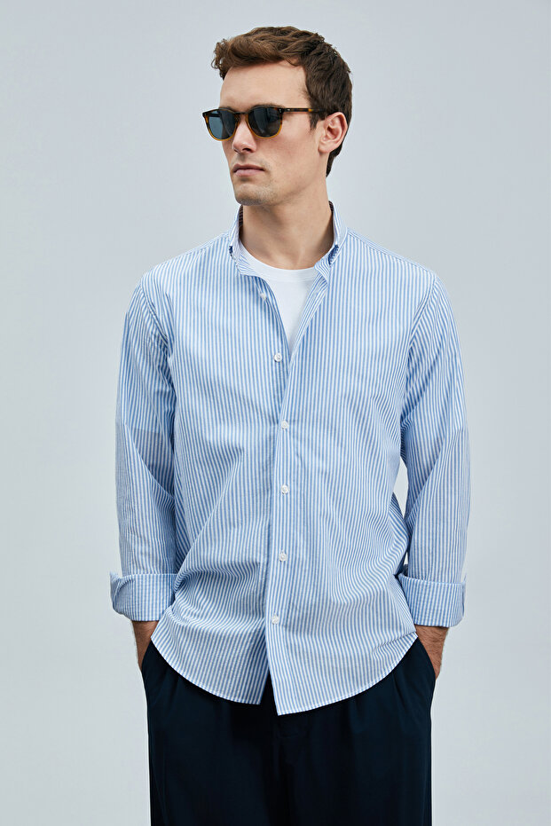 Charles Erkek Basic Gömlek Regular Fit Mavi - 4