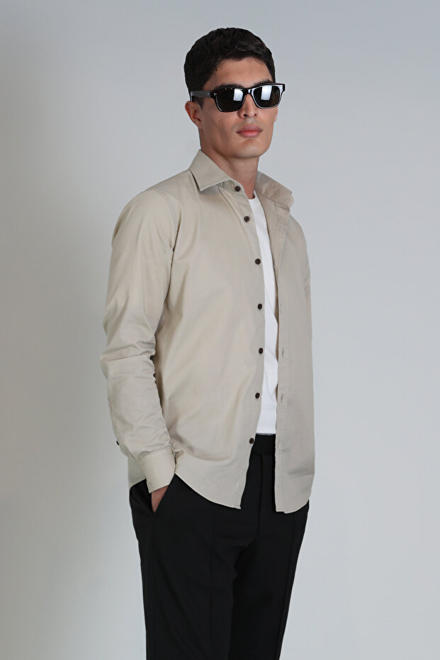Ferla Erkek Basic Gömlek Slim Fit Bej - 1
