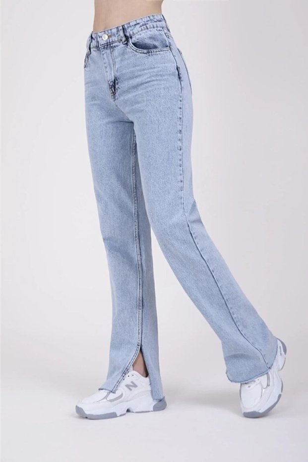 Cindy Straight Slit Snow Wash Blue Lycra Super High Waist Loose Jean Trousers 1