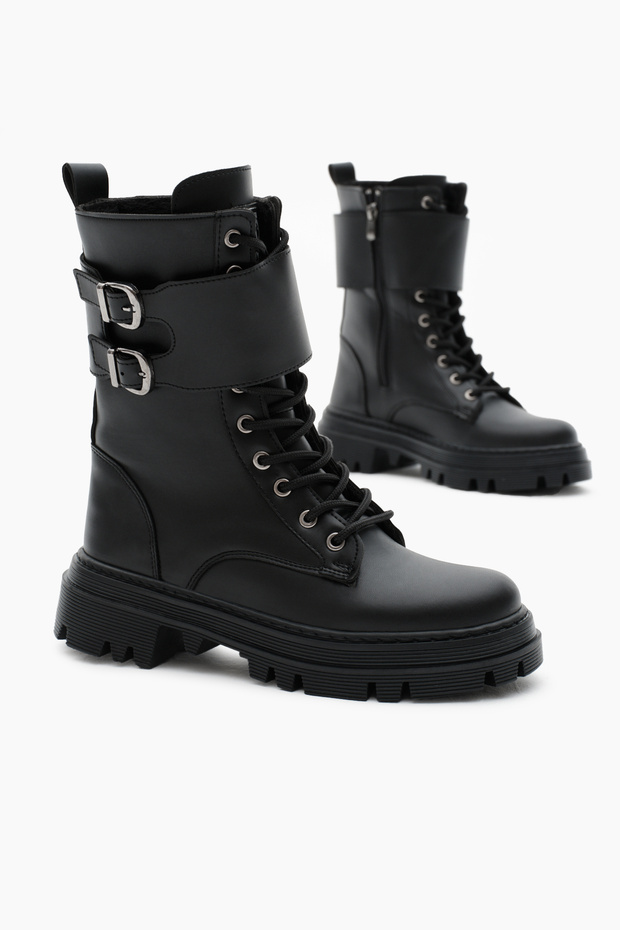 Women's Black Leather Thermo Sole Side Double Buckle Velcro Laced and Zippered Boots