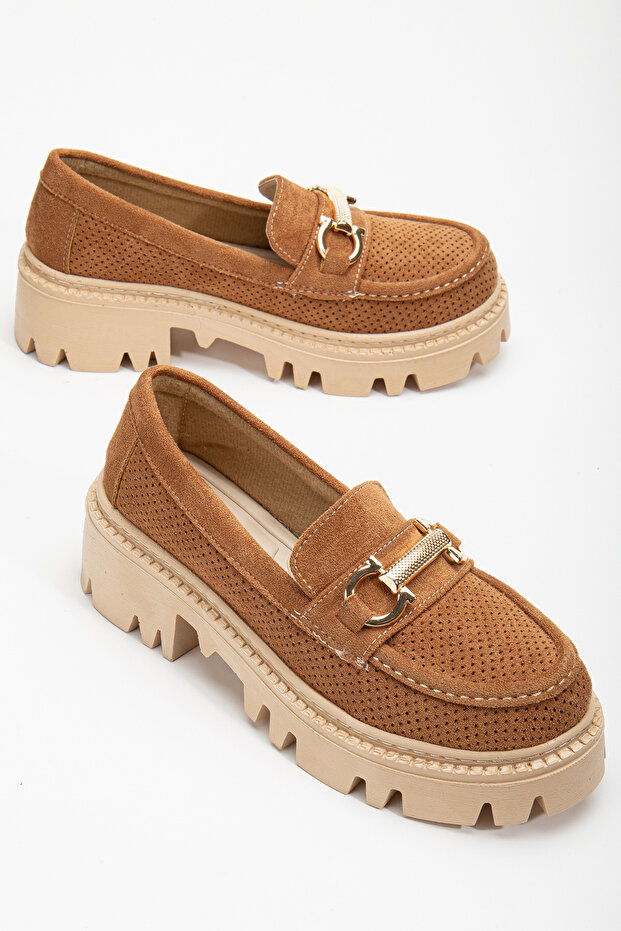 Women's Tan Suede Comfortable Fit Front Buckle Thick Sole Loafer
