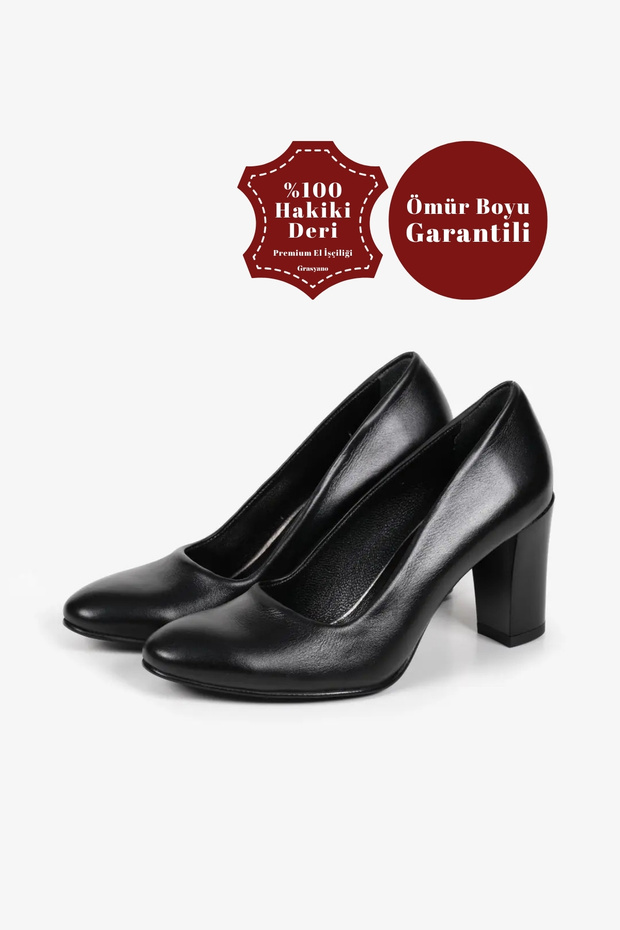 Genuine Leather Black Premium Soft Leather Simple Flat Model Comfort Classic 7.5 Cm Thick Heeled Shoes