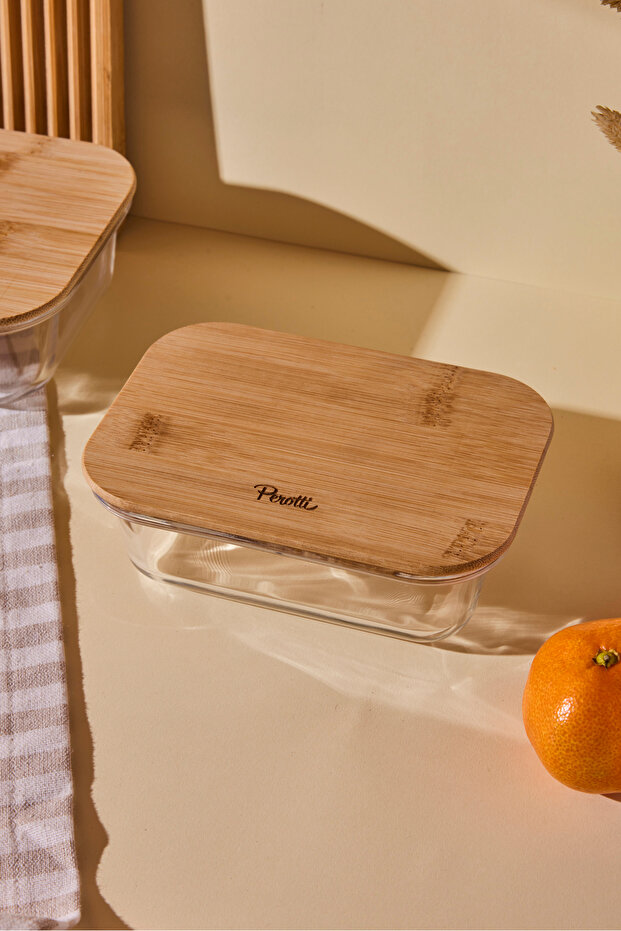 Locky Bamboo 370 ml Rectangular Glass Storage Container - 4