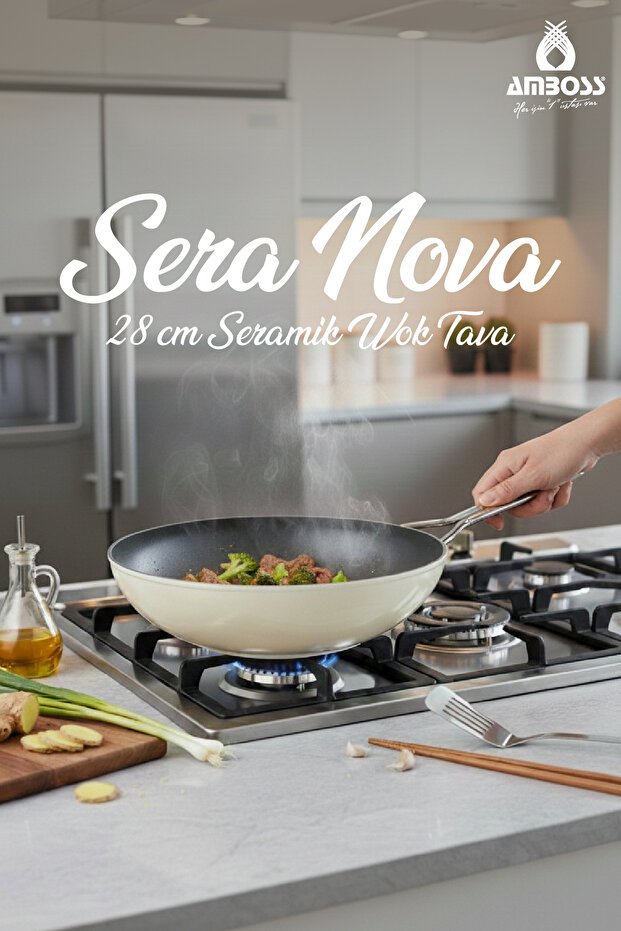 Amboss Sera Nova Yanmaz Yapışmaz Seramik Wok Tava 28 cm – Beyaz