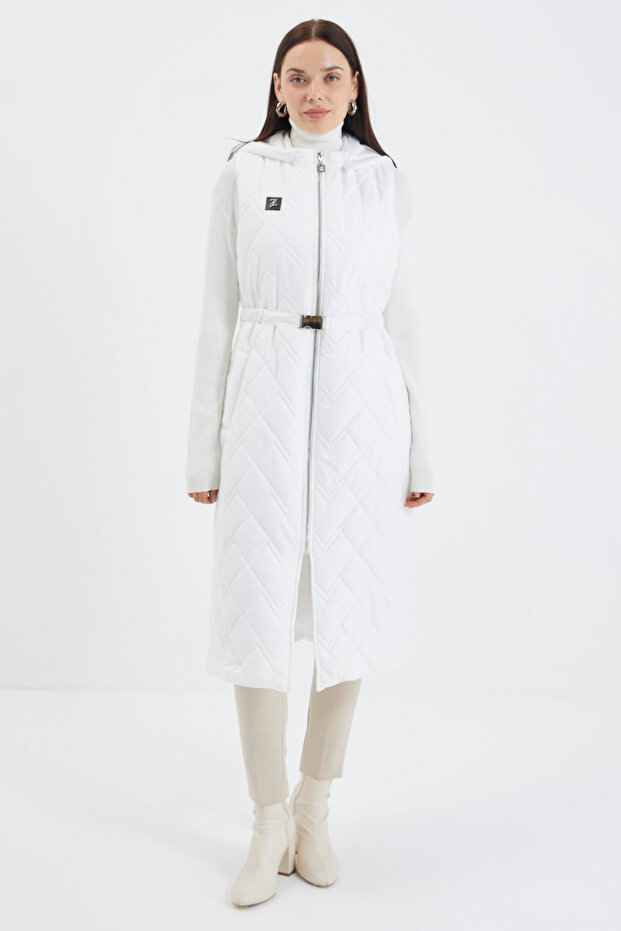Hooded Long Quilted Inflatable Ecru Vest 0060