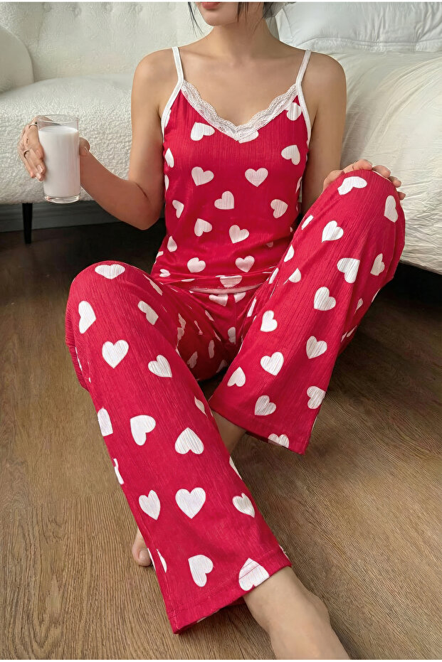 Lace Detailed Pegasus Strap Women's Pajama Set