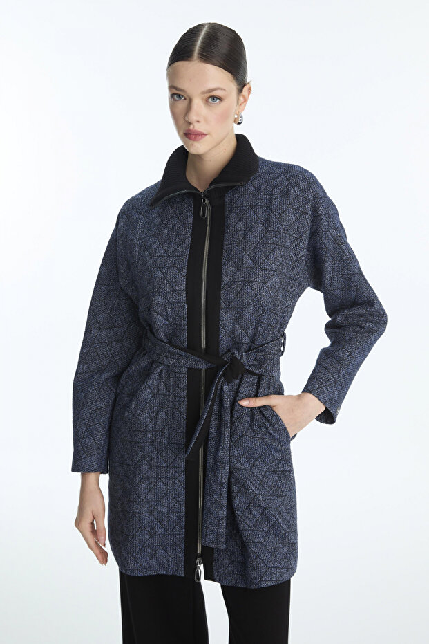 Patterned Belted Navy Blue Jacket 0178 - 1
