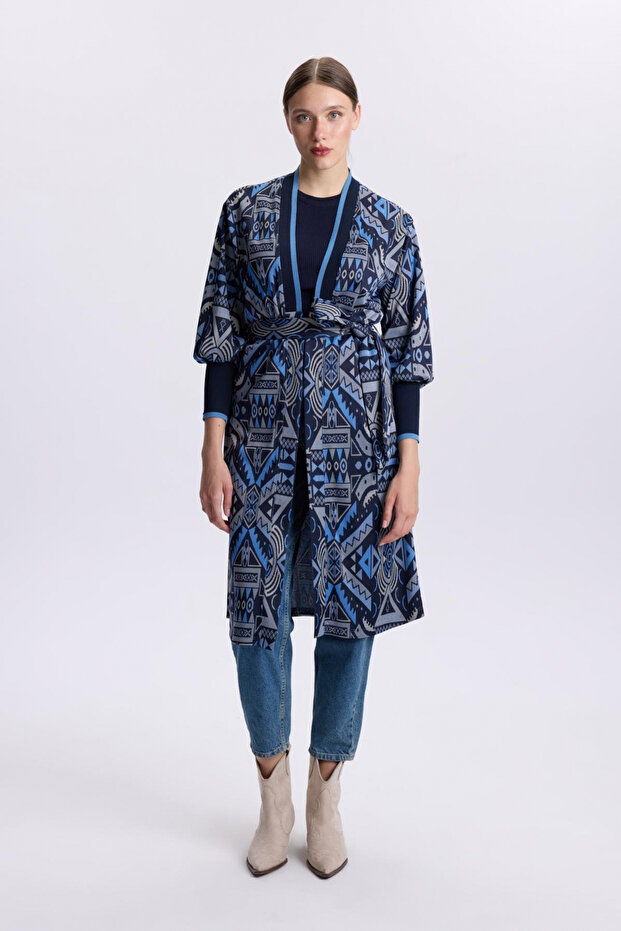 Patterned Belt Detailed Satin Indigo Cardigan 0007