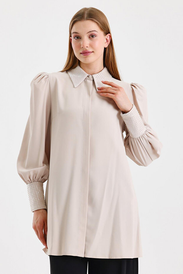 Stone Detailed Balloon Sleeve Beige Tunic 1452