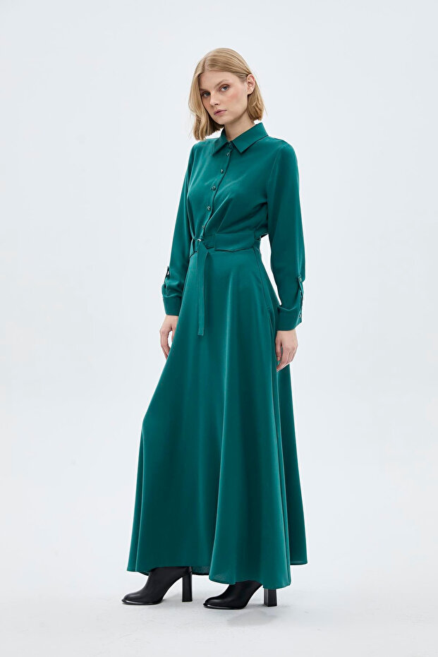 Button Detailed Pleated Long Emerald Dress 0441