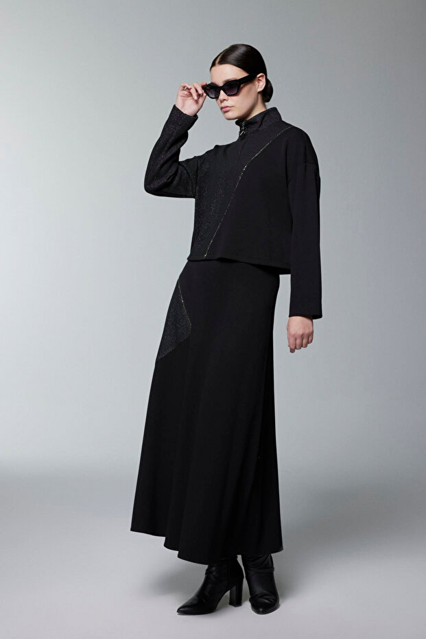 High Collar Color Block Double Black Suit 1180