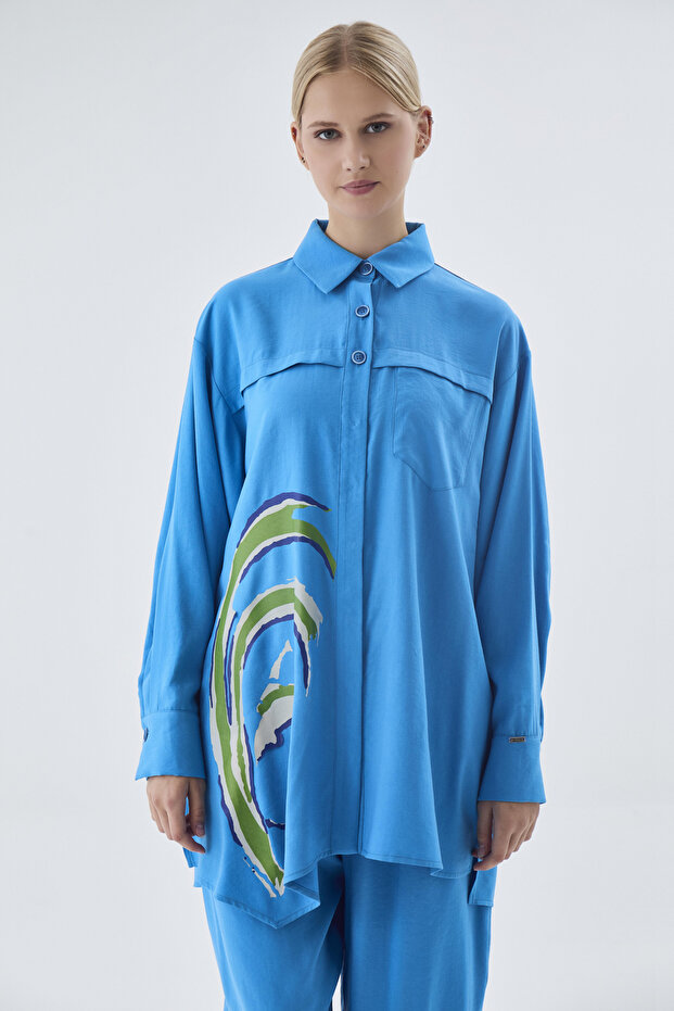 طقم مزدوج منقوش بأزرار باللون الفيروزي 1454 - 4