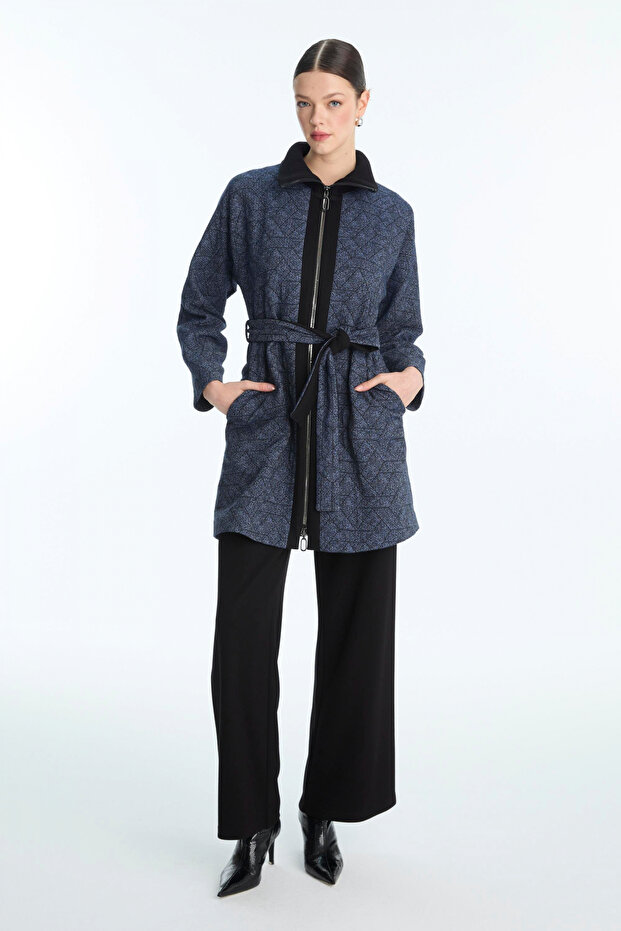 Patterned Belted Navy Blue Jacket 0178 - 3
