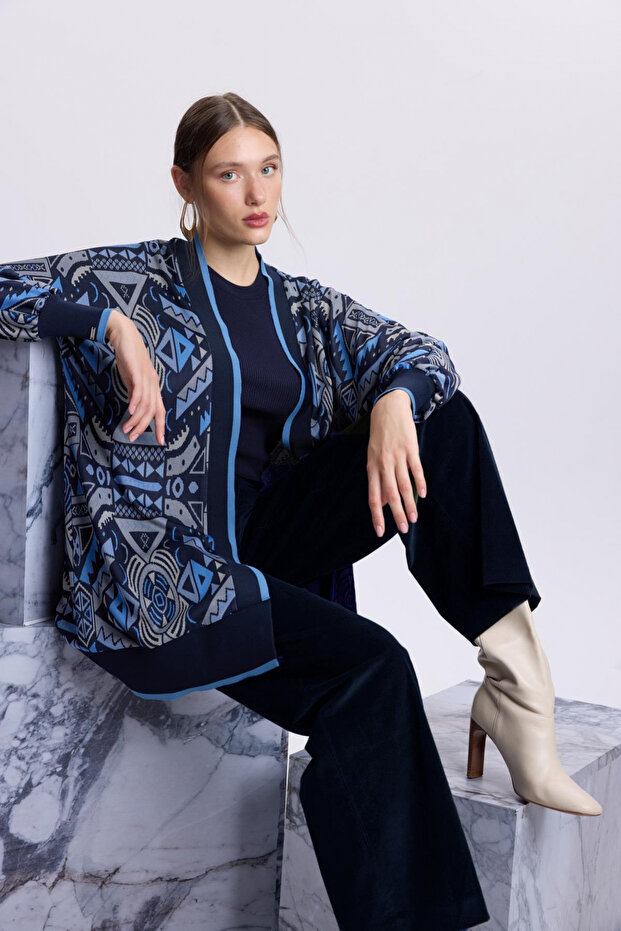 Ethnic Patterned Waist-Tie Indigo Cardigan 0012