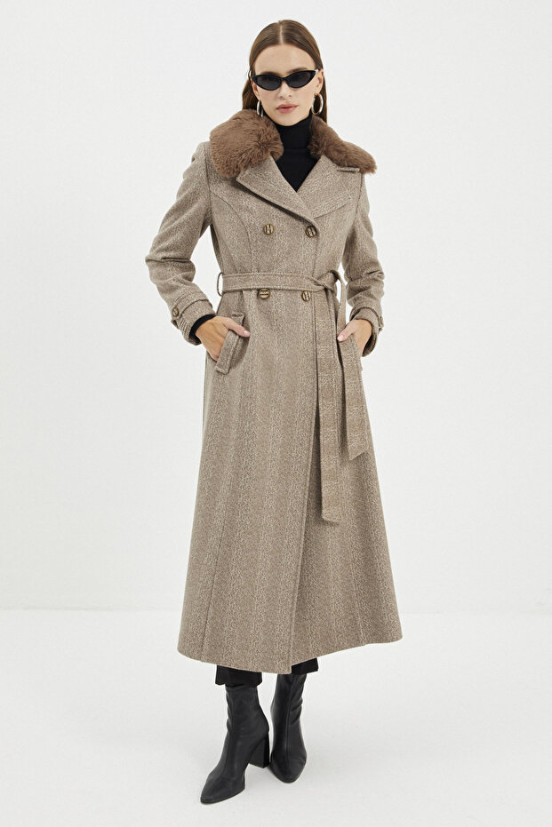 Fur Detailed Double Breasted Collar Cashmere Mink Coat 13114